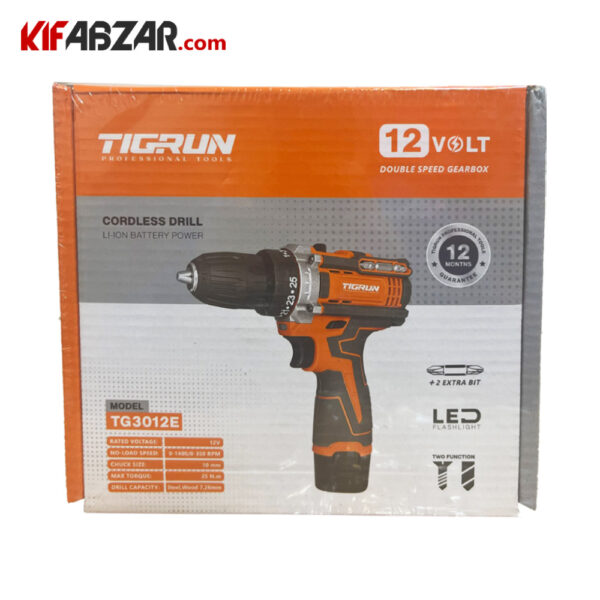 جعبه کارتنی دریل پیچ گوشتی شارژی 12 ولت تیگران مدل TG-3012E